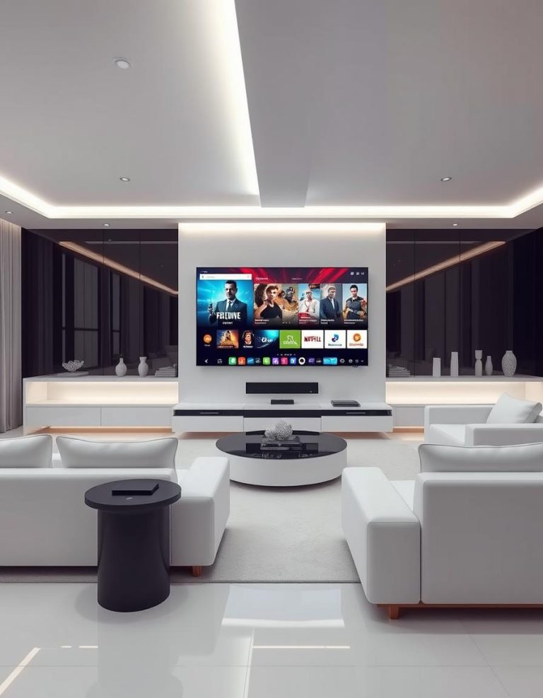 Contemporary American living room with a wall-mounted 4K television running GigoStream